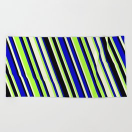 [ Thumbnail: Blue, Light Green, Beige & Black Colored Lines/Stripes Pattern Beach Towel ]