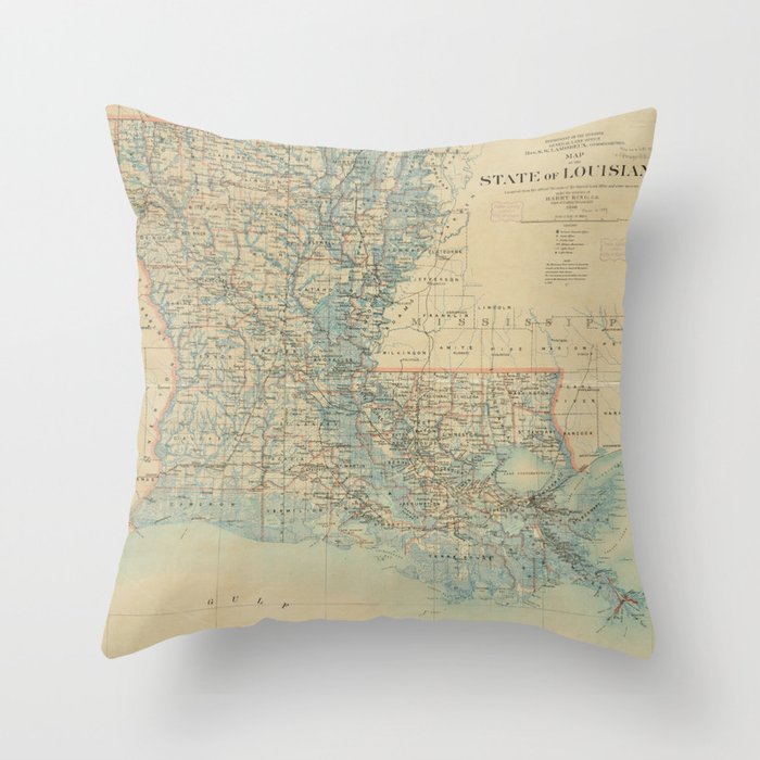 Vintage Map of Louisiana (1896) Throw Pillow