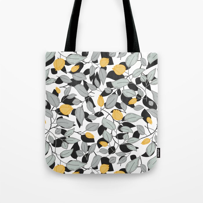 Yellow tulips pattern with black and white silhouette Tote Bag