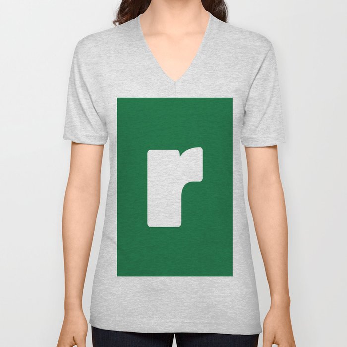 r (White & Olive Letter) V Neck T Shirt