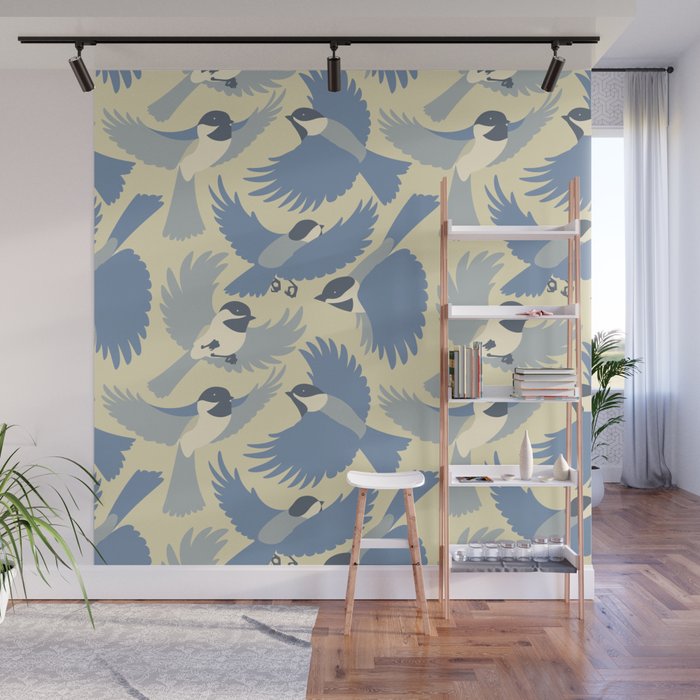 Chickadees  in Blue Wall Mural