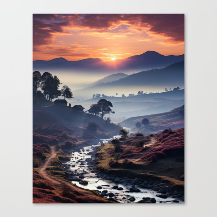 Tranquil Sunrise over Ocean and Countryside Canvas Print