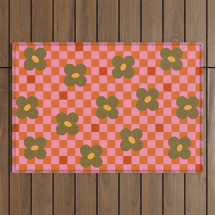 Little floral retro checker pattern Outdoor Rug