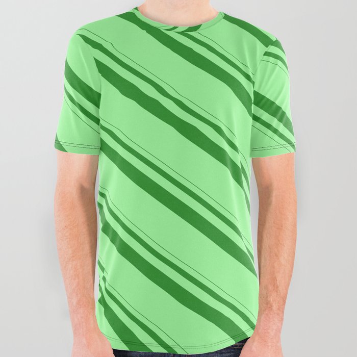 Forest Green & Green Colored Lined/Striped Pattern All Over Graphic Tee