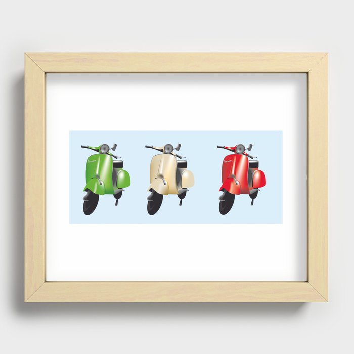 Three Vespa scooters in the colors of the Italian flag Recessed Framed Print