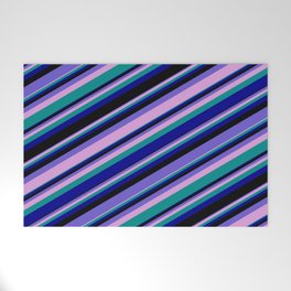 [ Thumbnail: Vibrant Slate Blue, Plum, Dark Cyan, Dark Blue & Black Colored Lines/Stripes Pattern Welcome Mat ]