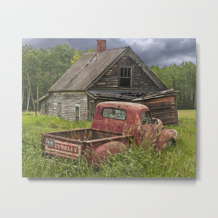 Old Chevy Pickup and Abandoned Farm House Metal Print