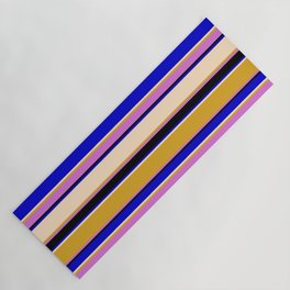 [ Thumbnail: Colorful Blue, Bisque, Goldenrod, Orchid, and Black Colored Stripes Pattern Yoga Mat ]