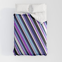 [ Thumbnail: Vibrant Midnight Blue, Sky Blue, Dark Orchid, Mint Cream, and Black Colored Lined/Striped Pattern Comforter ]