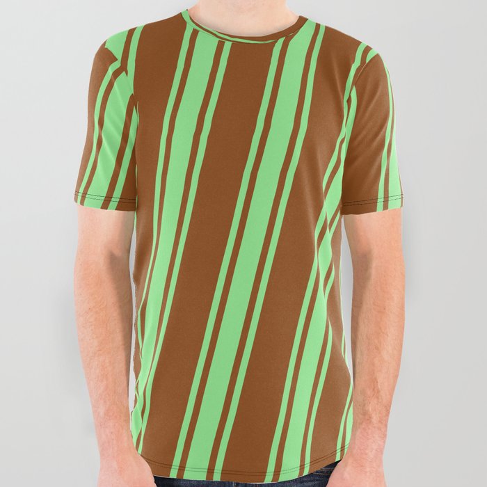 Brown & Light Green Colored Striped/Lined Pattern All Over Graphic Tee