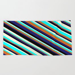 [ Thumbnail: Eye-catching Beige, Aqua, Chocolate, Midnight Blue, and Black Colored Lined Pattern Beach Towel ]