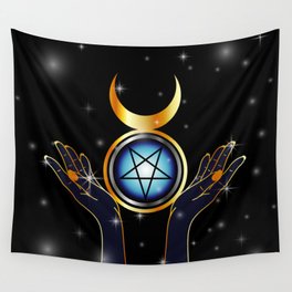 Triple Goddess symbol and hands holding an inverted pentacle Wall Tapestry