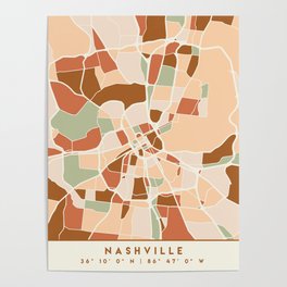 NASHVILLE TENNESSEE CITY MAP EARTH TONES Poster