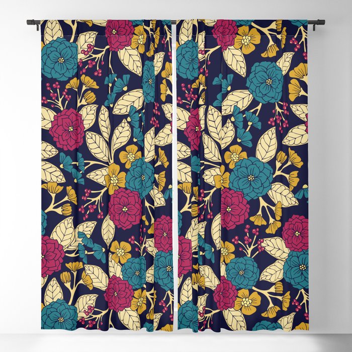 Turquoise, Magenta, Mustard Yellow, Navy Blue & Cream Floral Pattern Blackout Curtain