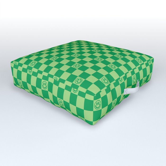 Monochromatic Green Smiley Face Checkerboard Outdoor Floor Cushion
