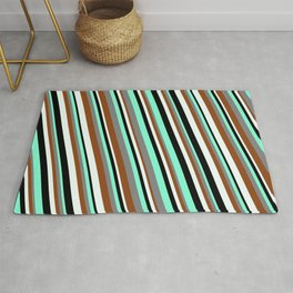 [ Thumbnail: Eyecatching Aquamarine, Gray, Brown, Mint Cream, and Black Colored Striped/Lined Pattern Rug ]