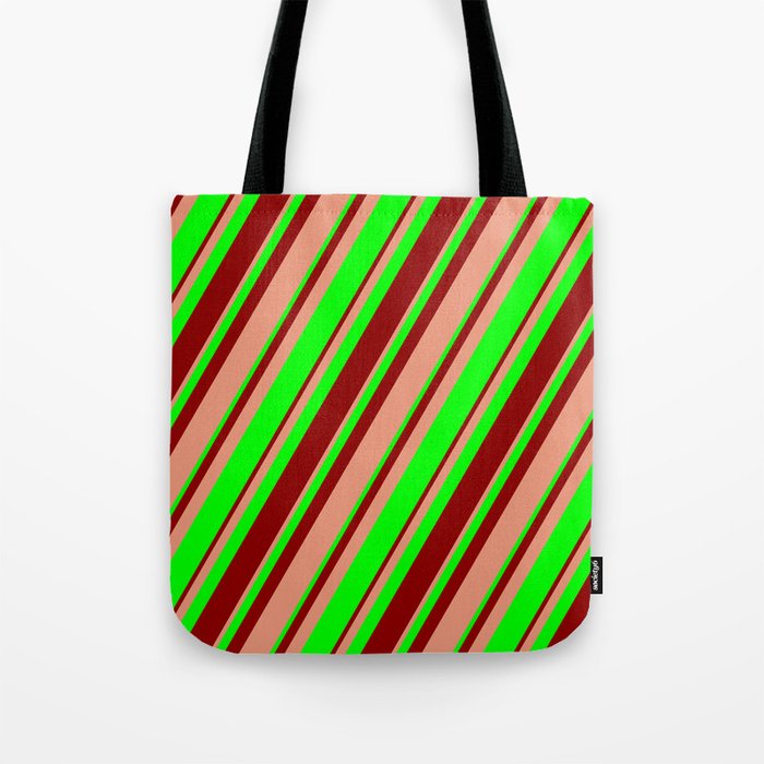 Dark Salmon, Lime, and Dark Red Colored Lines Pattern Tote Bag