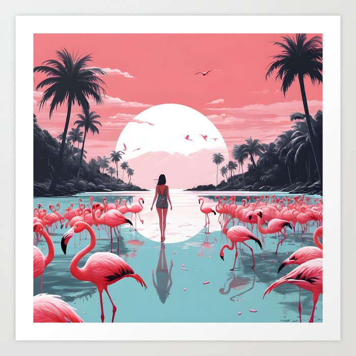 Coastal Oasis: Flamingo's Haven Art Print