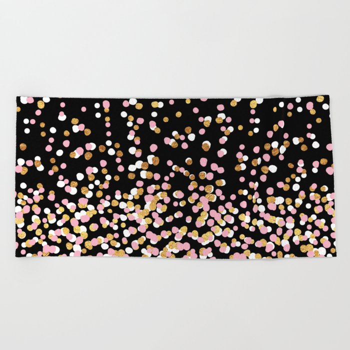 Floating Dots - White, Gold and Pink on Black Beach Towel