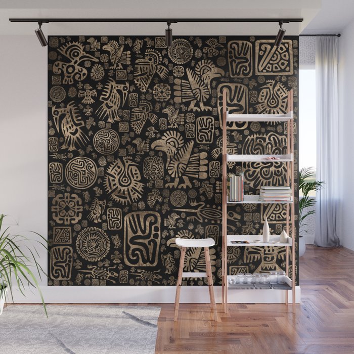 Native American ornaments pattern black and gold Wall Mural