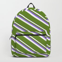 [ Thumbnail: Purple, White, and Green Colored Striped Pattern Backpack ]