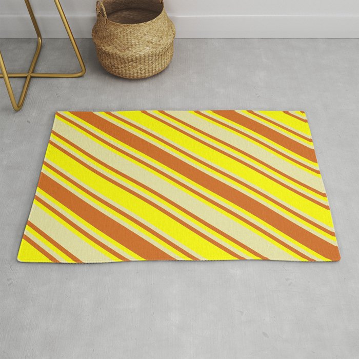 Pale Goldenrod, Chocolate, and Yellow Colored Lined/Striped Pattern Rug