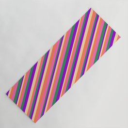[ Thumbnail: Eyecatching Coral, Hot Pink, Sea Green, Dark Violet, and Tan Colored Pattern of Stripes Yoga Mat ]