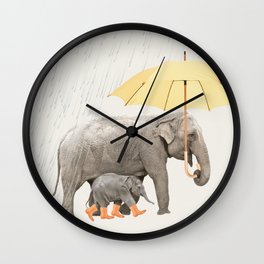 Elephant family mother and baby with yellow umbrella Wall Clock