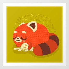 Sleeping Red Panda and Bunny / Cute Animals Art Print