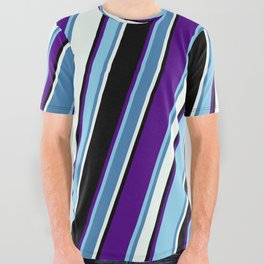 [ Thumbnail: Colorful Indigo, Sky Blue, Blue, Mint Cream, and Black Colored Lines Pattern All Over Graphic Tee ]
