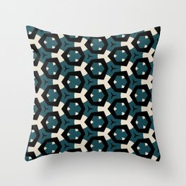 Modern, abstract, geometric pattern with hexagon shapes in deep sea green, bone, tan and black Throw Pillow