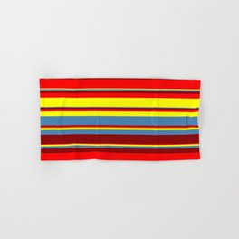 [ Thumbnail: Red, Yellow, Blue & Dark Red Colored Stripes/Lines Pattern Hand & Bath Towel ]