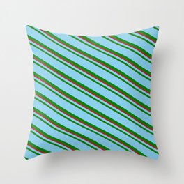 [ Thumbnail: Sky Blue, Green, and Brown Colored Lines/Stripes Pattern Throw Pillow ]