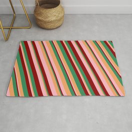 [ Thumbnail: Brown, Light Pink, Dark Red, and Sea Green Colored Lines/Stripes Pattern Rug ]