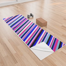 [ Thumbnail: Eyecatching Light Sky Blue, Deep Pink, White, Blue & Black Colored Lines Pattern Yoga Towel ]