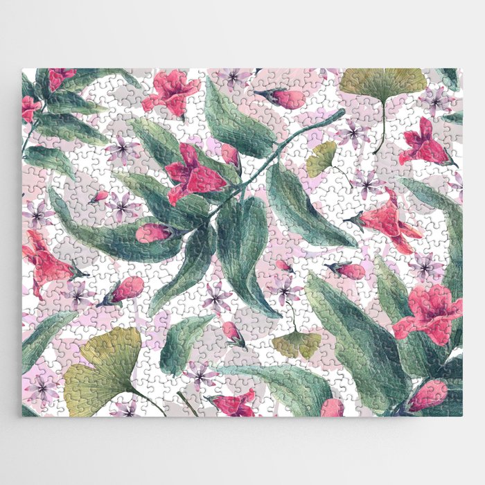 Modern Abstract Green Pink Red Watercolor  Foliage Floral Jigsaw Puzzle