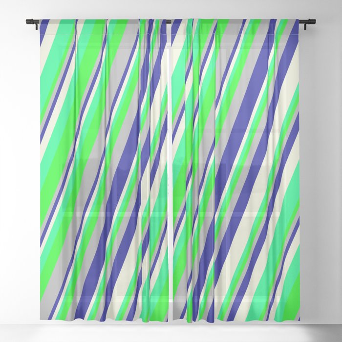 Eyecatching Dark Gray, Dark Blue, Beige, Green & Lime Colored Striped/Lined Pattern Sheer Curtain