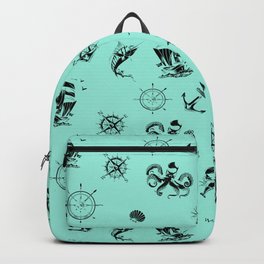 Mint Blue And Black Silhouettes Of Vintage Nautical Pattern Backpack