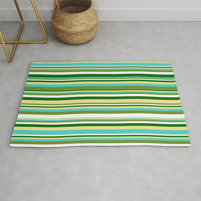 Tan, Turquoise, Green, White, and Dark Green Colored Pattern of Stripes Rug