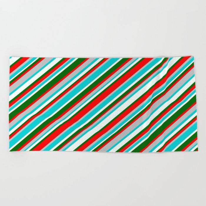 Vibrant Red, Grey, Dark Turquoise, Mint Cream, and Dark Green Colored Striped/Lined Pattern Beach Towel