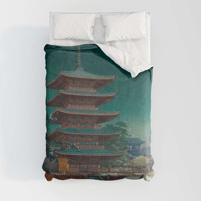 Tsuchiya Kôitsu Japanese Woodblock Vintage Print Garden At Night Moonlit Pagoda Tower Turquoise Sky Comforter
