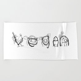 VEGAN drawing (rooster/cow/pig/chick/bunny), prints/clothing/wall tapestry/coffee mug/home decor Beach Towel