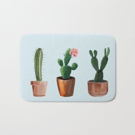 Three Cacti On Light Blue Background Bath Mat