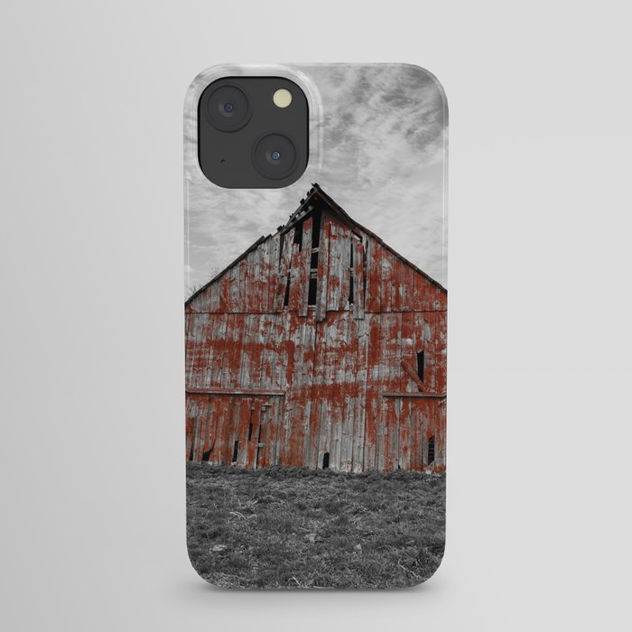 Worn Paint - Rustic Red Barn Against Black and White Landscape on Early Spring Day in Missouri iPhone Case