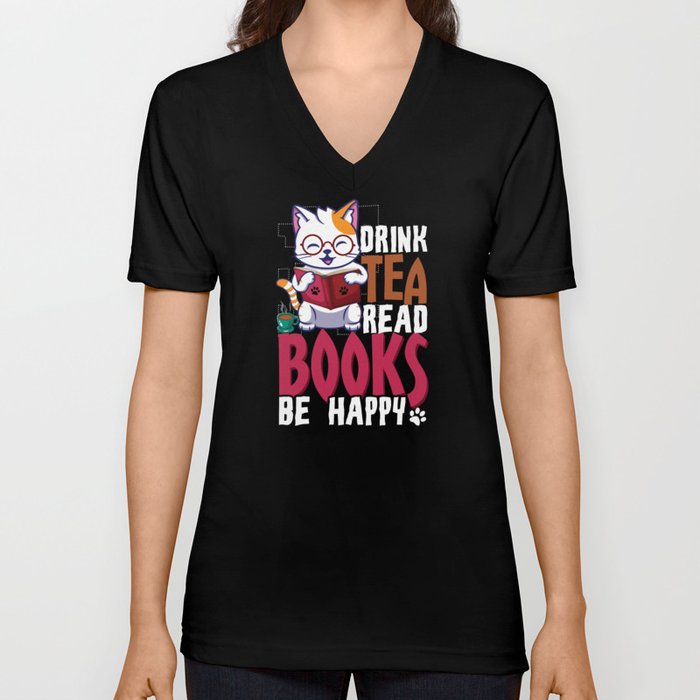 Cute Cat Drink Tea Read Book Reading Bookworm V Neck T Shirt