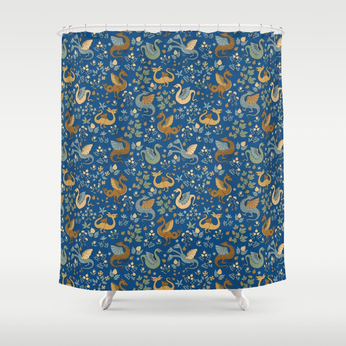 Dragons and Flowers on Classic Blue Shower Curtain