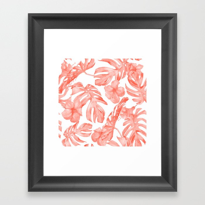 Tropical Hibiscus and Palm Leaves Dark Coral White Framed Art Print