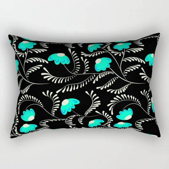 Retro . Turquoise flowers on a black background . Rectangular Pillow