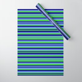 [ Thumbnail: Cornflower Blue, Lime Green, and Blue Colored Striped/Lined Pattern Wrapping Paper ]