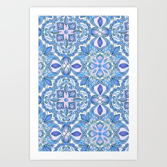 Cornflower Blue, Lilac & White Floral Pattern Art Print